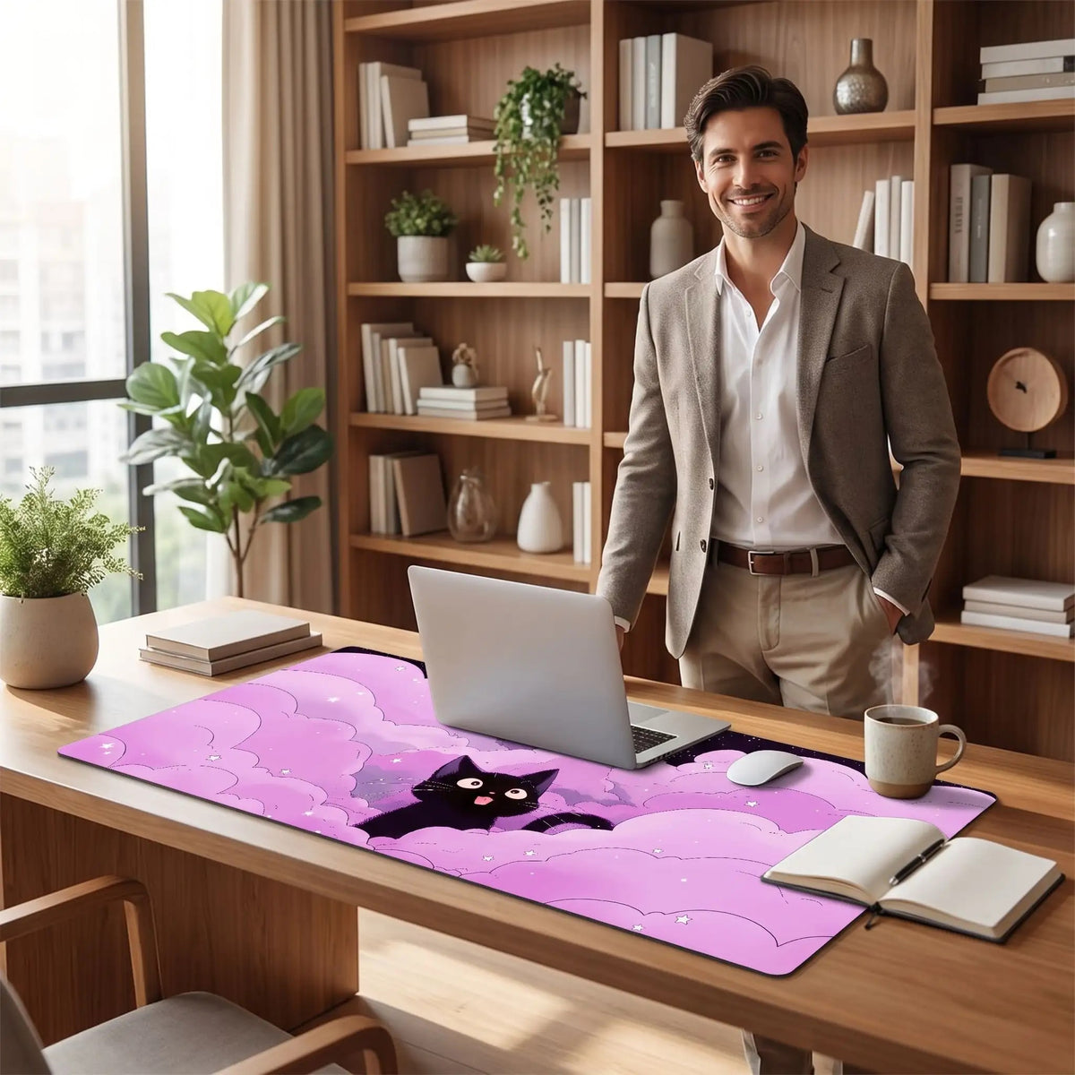 Sous main bureau | motif chat noir dans les nuages