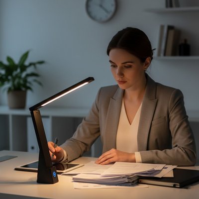 femme travail avec Lampe de bureau nonire