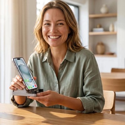 femme a dans ses mains un Support telephone bureau​ gris