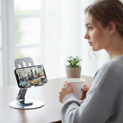 Femme avec café regarde écran sur Support téléphone​ gris