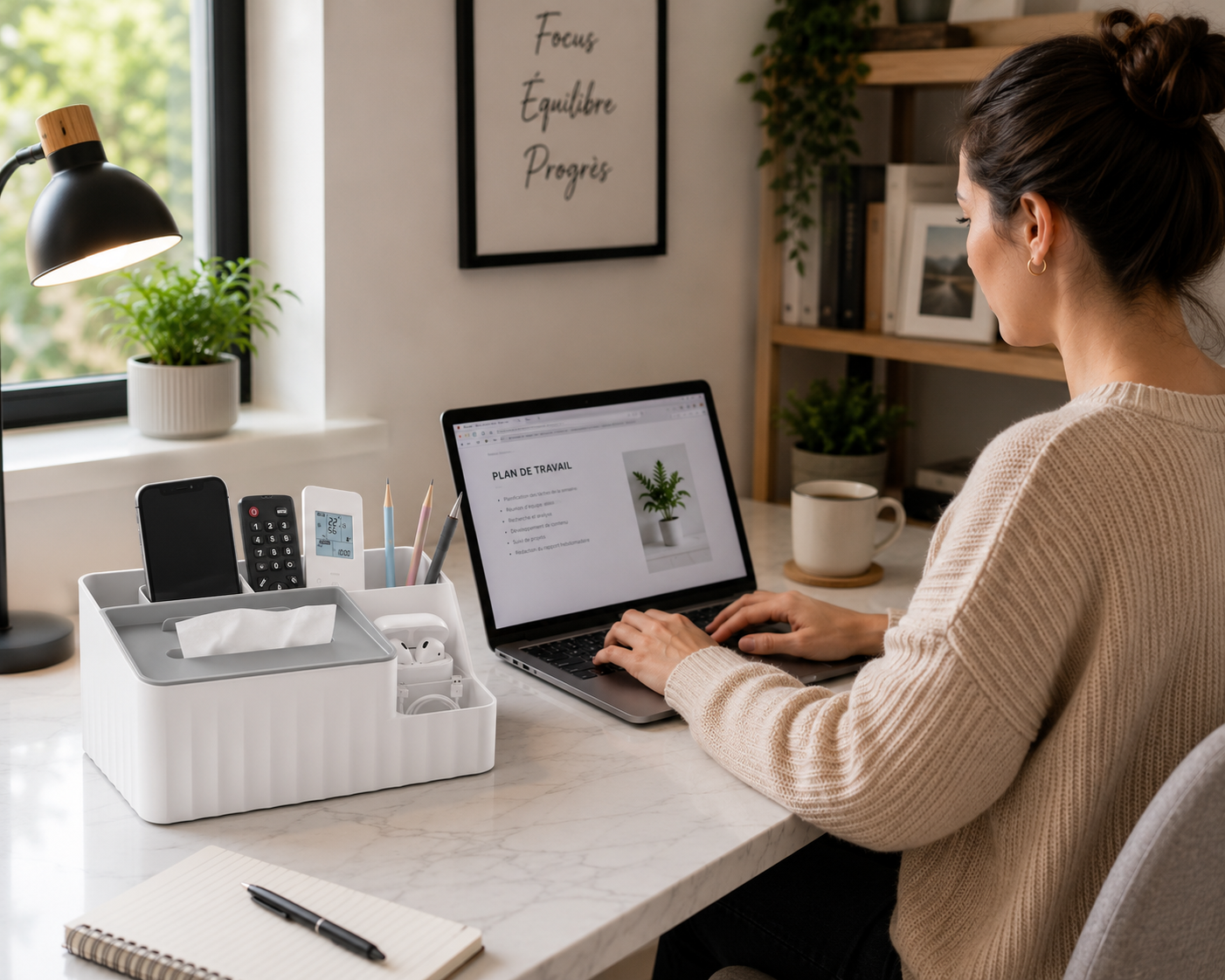 femme dans bureau zen avec un Organisateur de bureau blanc