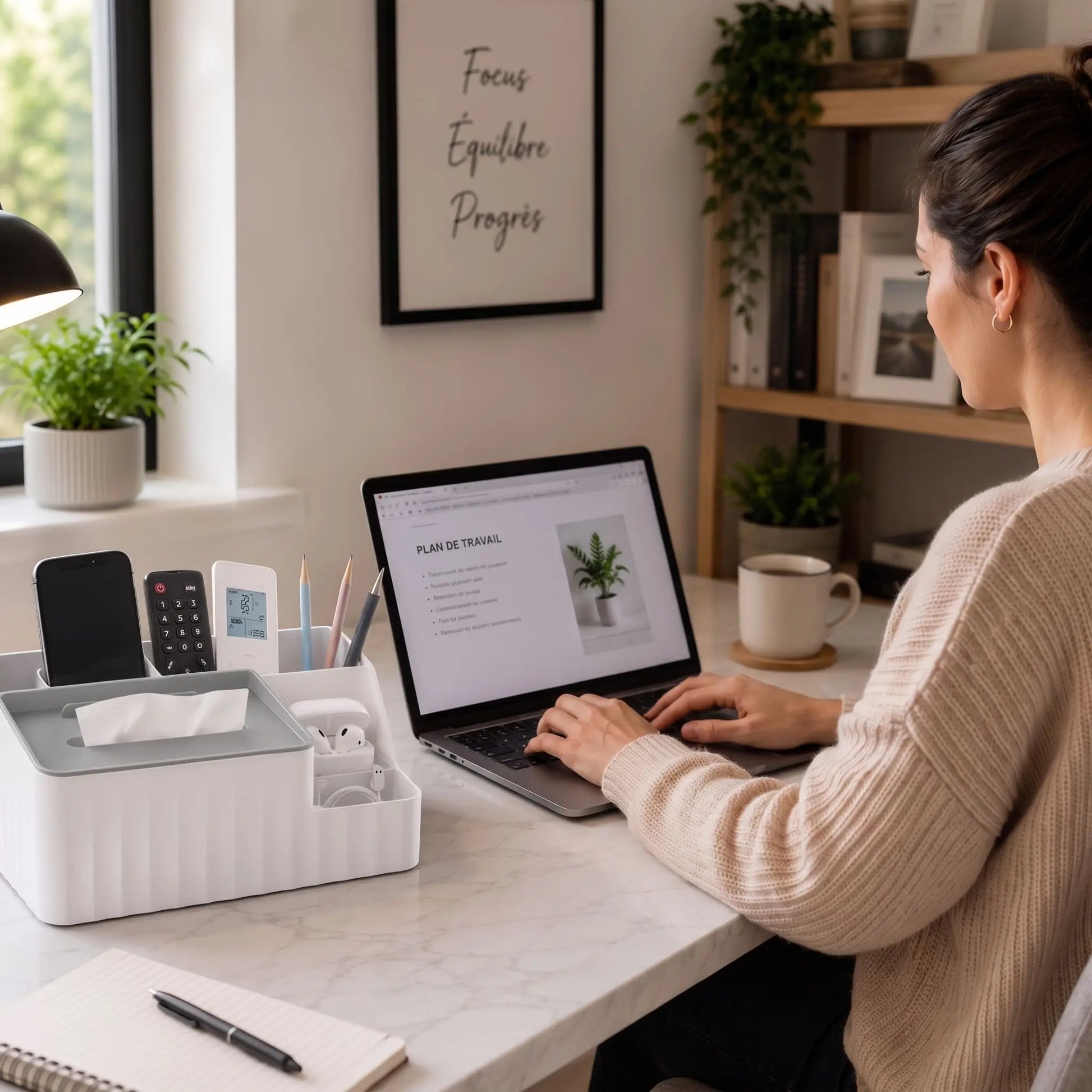 femme dans bureau zen avec un organisateur de bureau blanc