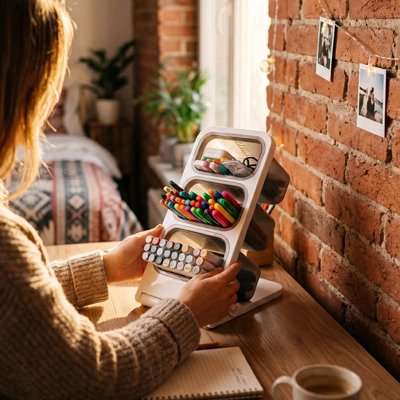 femme depose Organisateur de bureau sur sa table de travail