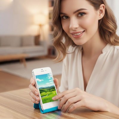Femme depose telephone sur Support de telephone bleu