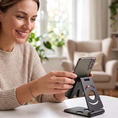 femme depose telephone sur Support telephone noir