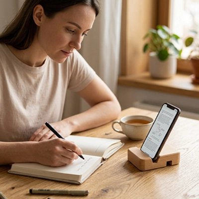 femme écris dans livre devant support téléphone​ bois naturel