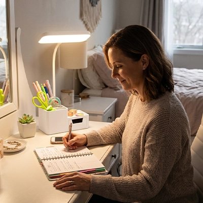 femme ecrit note avec Lampe de bureau LED