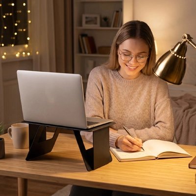 Femme ecrit note devant son Support pc portable