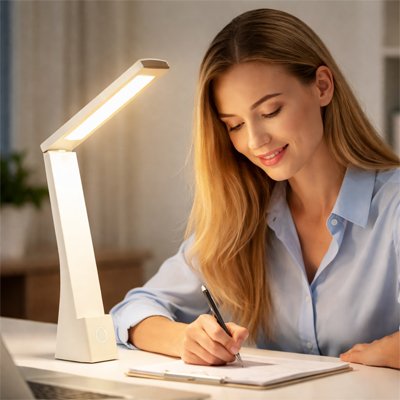 femme écrit notes sous Lampe de bureau blanche