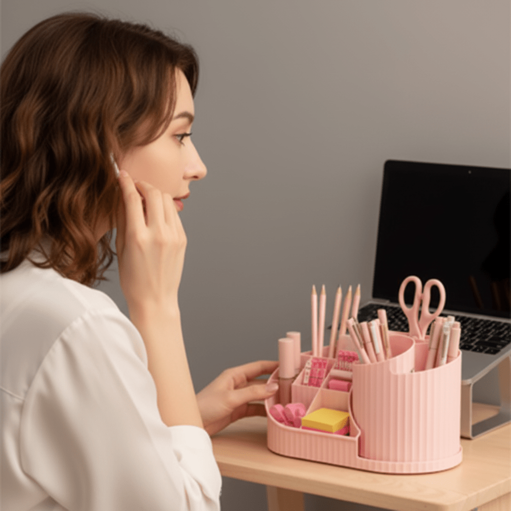 femme met ecouteur organisateur de bureau rose