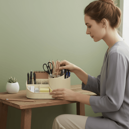 femme prend crayon dans organisateur de bureau rotatif 360 creme