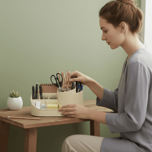 femme prend crayon dans organisateur de bureau rotatif 360 creme