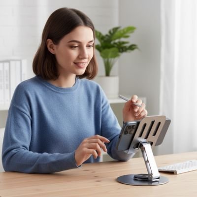 Femme regarde écran sur Support téléphone​ gris