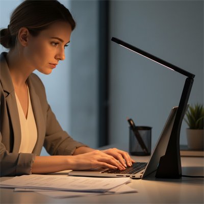 femme tape clavier portable avec Lampe de bureau noire
