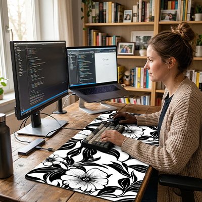 femme tape clavier Sous main bureau motif fleur noir et blanc
