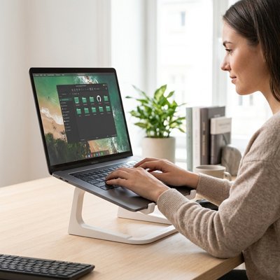 femme tape clavier sur support pc portable blanc