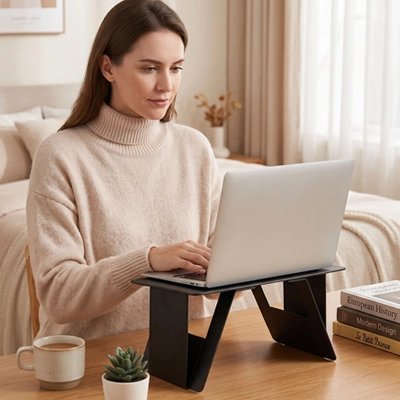 Femme tape clavier sur Support pc portable