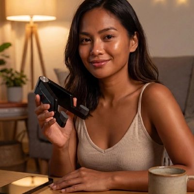 femme tient Support telephone bureau​ noir 
