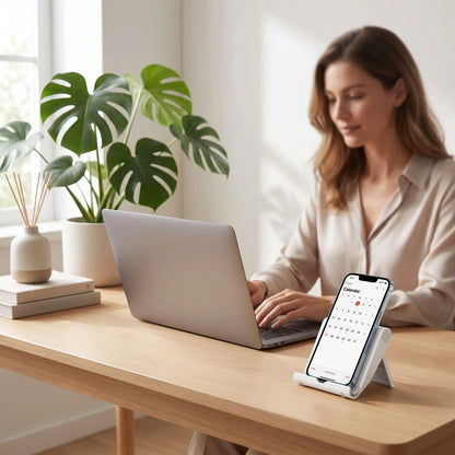 femme travaille support téléphone  bureau blanc près d'elle