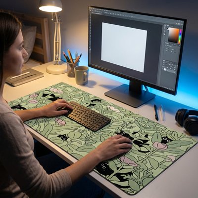 femme utilise souris sur Sous main bureau motif chat noir plantes vertes