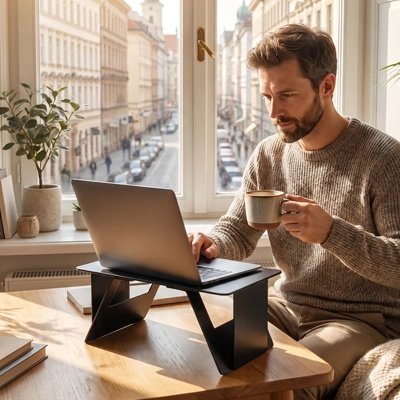 Homme avec café et laptop sur Support pc portable
