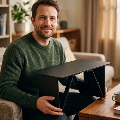 Homme depose Support pc portable sur bureau