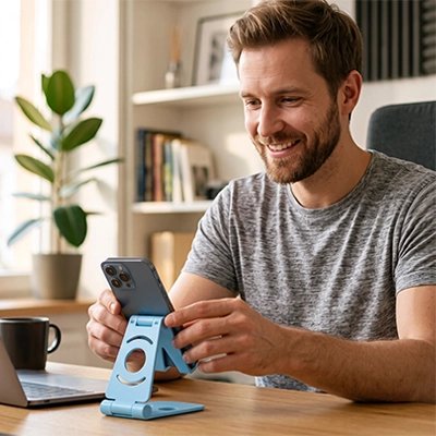 homme depose telephone sur Support telephone bleu