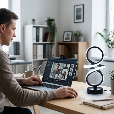 Homme en vidéoconférence et Lampe de bureau en spirale 