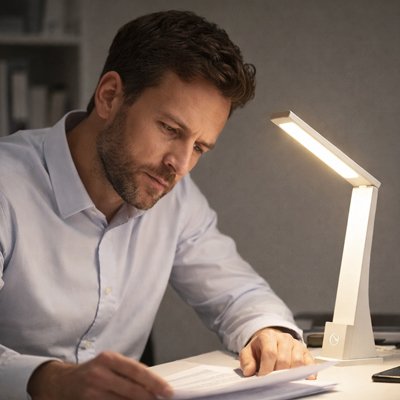 homme lit un document sous Lampe de bureau blanche