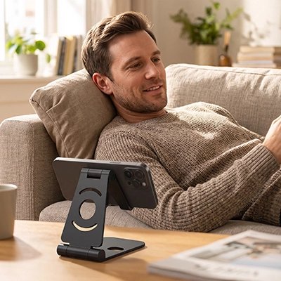 homme rearde ecran horizontal Support telephone noir
