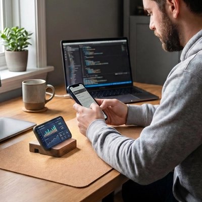 homme regarde ecran horizontal sur support telephone​ carré