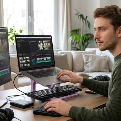 homme regarde ecran support pc portable violet