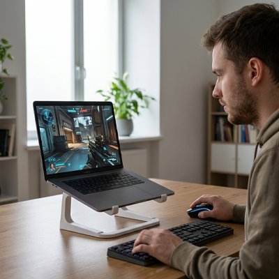 homme regarde écran sur support pc portable blanc