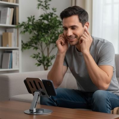Homme regarde écran sur Support téléphone​ gris