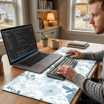 homme tape clavier Sous main bureau motif fleur bleue