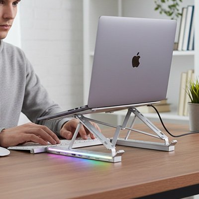 homme travaille avec support ordinateur portable pied lumineux argent
