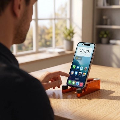homme utilise iphone sur Support telephone bureau​ orange