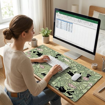 jeune femme travaille Sous main bureau motif chat noir plantes vertes