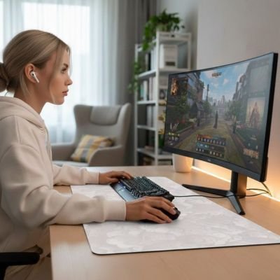 jeune femme utilise Sous main bureau avec motif nuage japonais beige