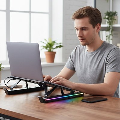  jeune homme tappe sur clavier sur un support ordinateur portable avec pied lumineux noir