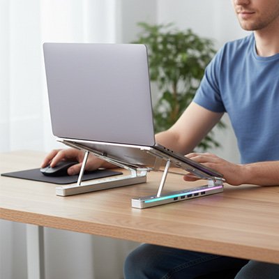  jeune homme tappe sur clavier sur un support ordinateur portable avec pied lumineux argent