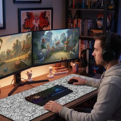 jeune homme utilise Sous main bureau motif nuage gris
