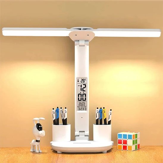 Lampe bureau double bras pivot 180 horizontal et 2 pots crayon