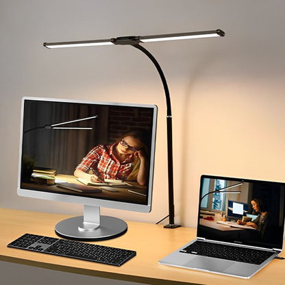 Lampe de bureau LED a clip noir éclaire deux ecrans 