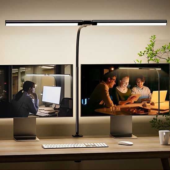 Lampe de bureau LED a clip noir eclaire deux ecrans
