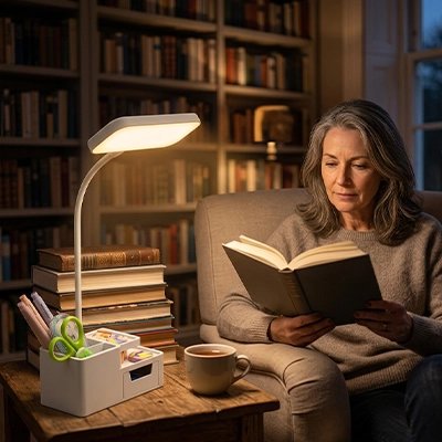 Lampe de bureau LED eclaire femme qui lit un livre