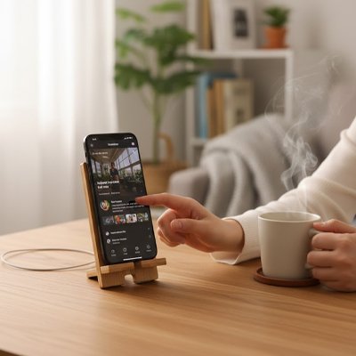 main de femme avec cafe et Support téléphone Bambou