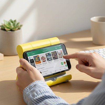personne utilise support telephone bureau universel jaune