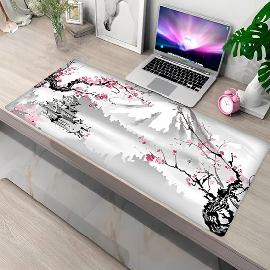 Sous main bureau paysage asiatique cerisier fleurs roses