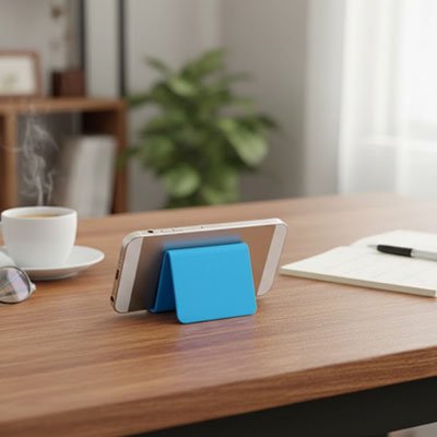 Support de telephone bleu sur bureau avec cafe et note